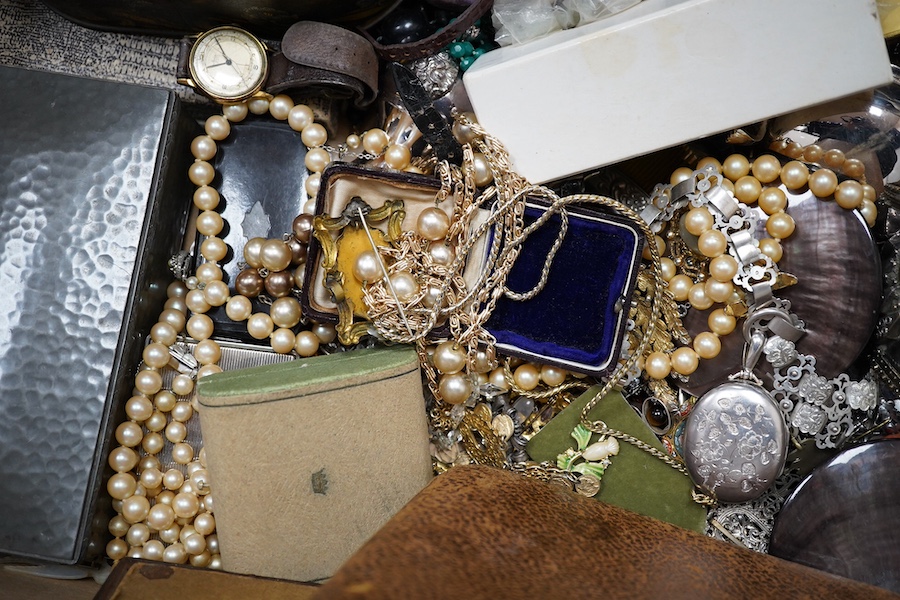 A quantity of assorted plated wares, collectables, watches, shell buckle, white metal and costume jewellery including micro mosaic, oval locket, brooches, pendants, white metal and paste spectacle necklace, a pewter ciga